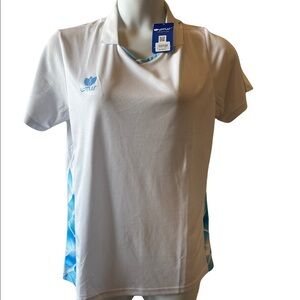 Lotus Sportswear white with blue trimmed shirt. Size XL